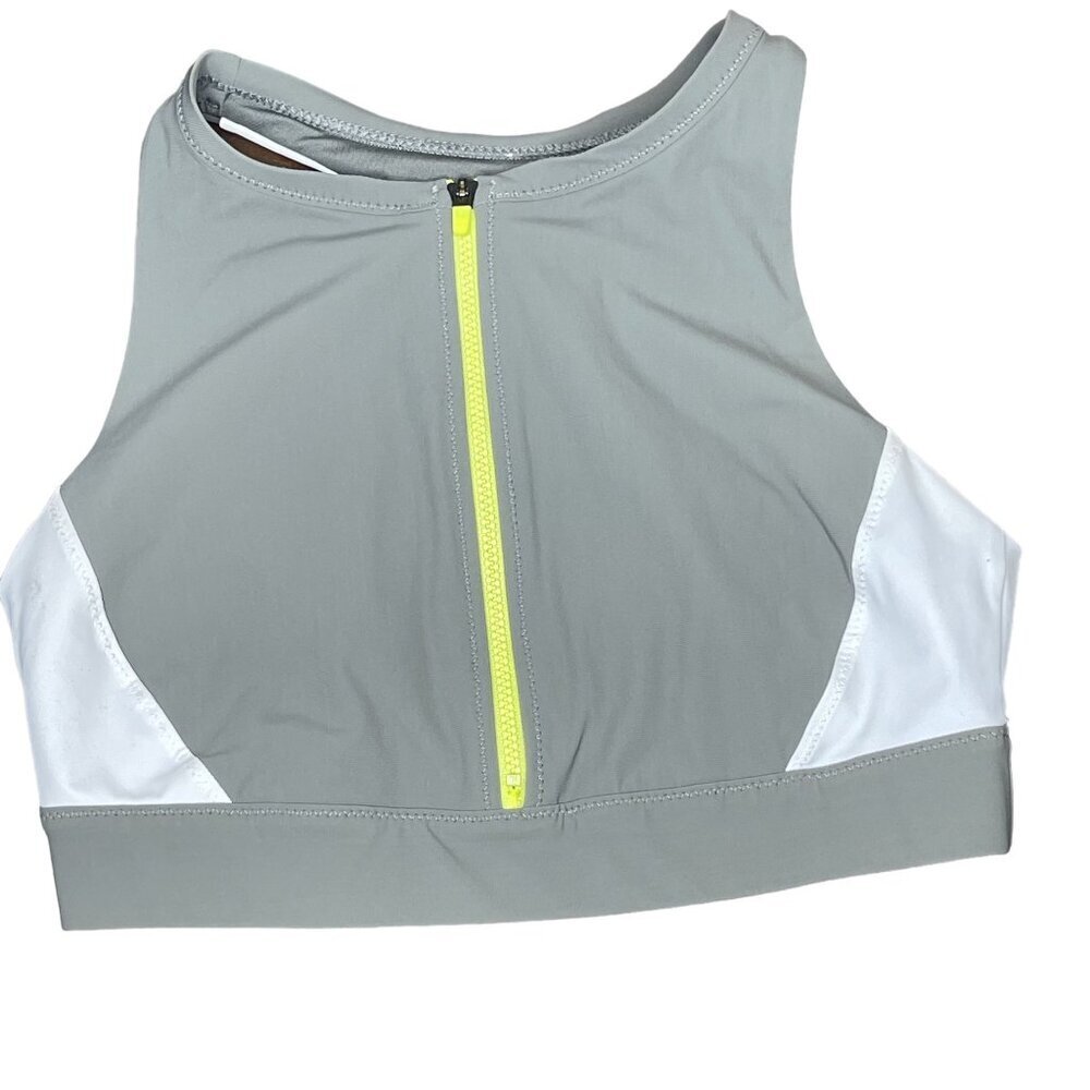 Athleta Women's XS Sports Bra With Neon Zip-Front & Racerback Gray‎ White *READ*